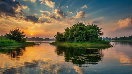 Beautiful sunset over the river in the summer. Nature composition.