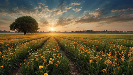 Sunset over an agricultural field with daffodils and a tree