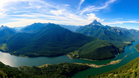 panoramic view of mountain lake and blue sky with clouds.