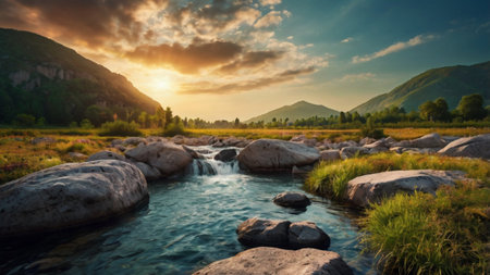 Mountain river at sunset. Beautiful summer landscape with a mountain riverの写真素材
