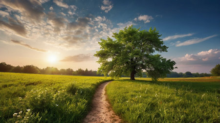 Beautiful summer landscape with green meadow and big tree at sunset
