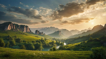 Beautiful summer landscape in the mountains at sunset. The beauty of nature.