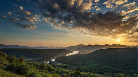 Sunset over the river Dniester. Ukraine, Europe