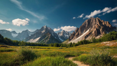 Panoramic view of the mountains and meadows in the summer