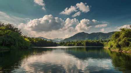 Beautiful landscape of the lake and mountains with blue sky and clouds
