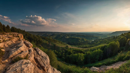 Panoramic view of the valley in the mountains at sunset.