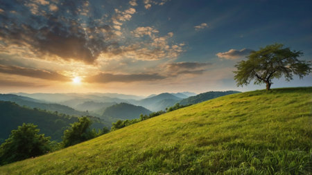 Beautiful landscape in the mountains at sunset. Panorama of the hills.