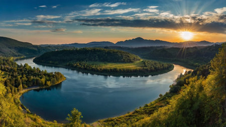 Panoramic view of the river and mountains at sunset in summerの写真素材