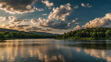 Landscape with a lake and clouds in the sky at sunset.
