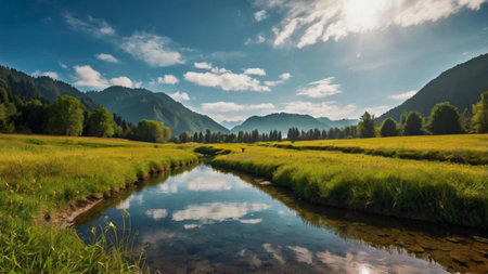 Beautiful summer landscape with mountain river and green meadow under blue sky