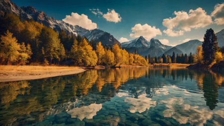 Beautiful autumn landscape with mountains lake and clouds reflected in water.