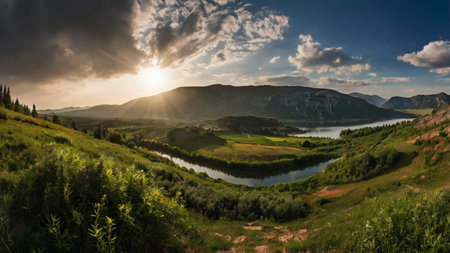 Panoramic view of the lake and mountains at sunset. Beautiful summer landscape.