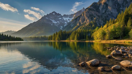 Panoramic view of the mountain lake. Dolomites, Italy