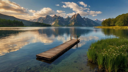 Wooden jetty on the shore of a lake in the Dolomites