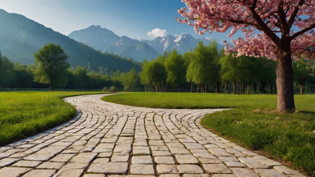 Beautiful spring landscape with blooming sakura tree in the park