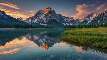 Panoramic view of the alpine lake with reflection of mountains in the water.