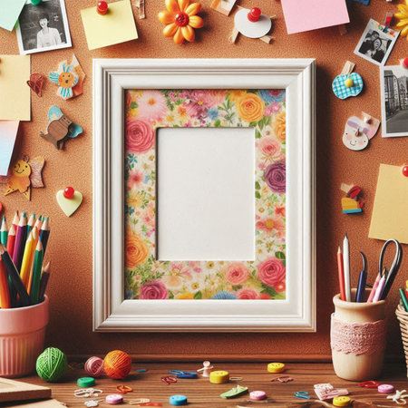 Blank picture frame mockup with colorful flowers. 3d rendering