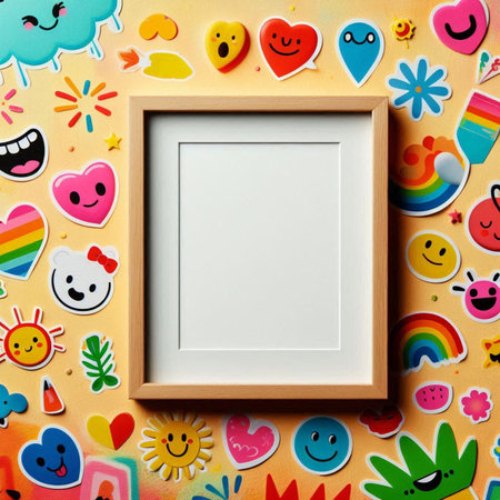Photo frame with colorful stickers. Flat lay, top view, copy space