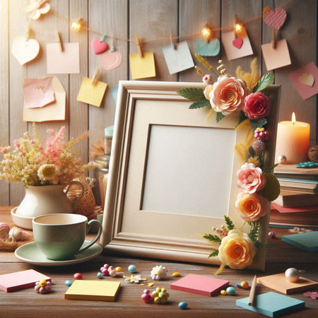 Cup of coffee, empty photo frame, candies and flowers on wooden background
