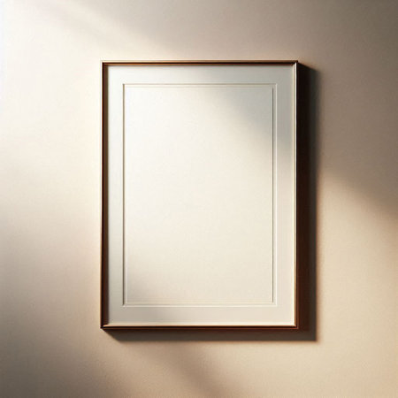 blank picture frame hanging on beige wall, 3d render illustration