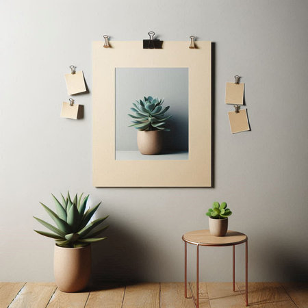 Modern interior with photo frame mockup and plants. 3d render