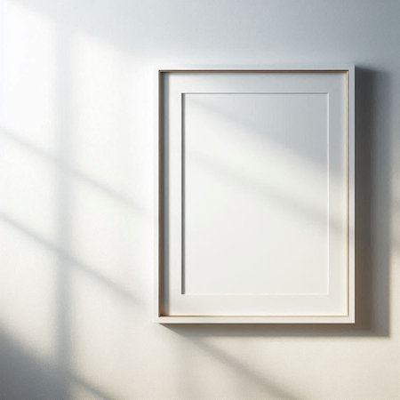 Blank picture frame hanging on a white wall. 3d rendering