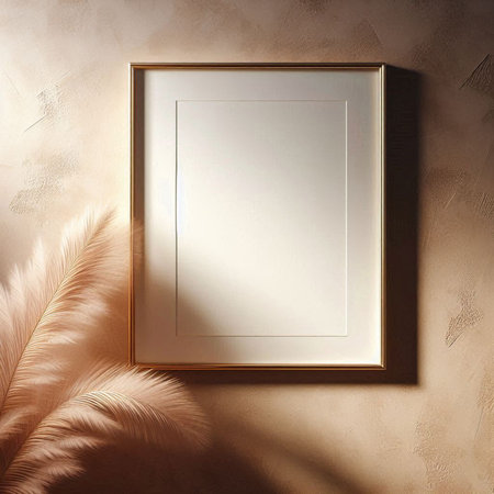Photo frame mockup on the wall with feather. 3d render