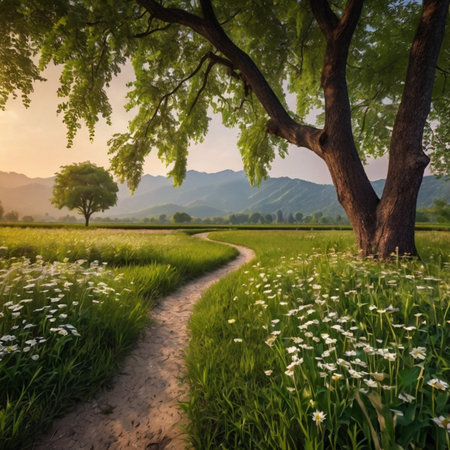 Dirt road through the meadow with daisies at sunset
