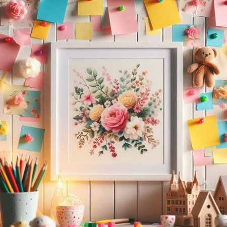 Mockup of photo frame on wooden wall with colorful paper stickers, pencils and toys