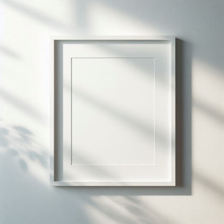 White frame mockup on white wall. 3d render illustration.