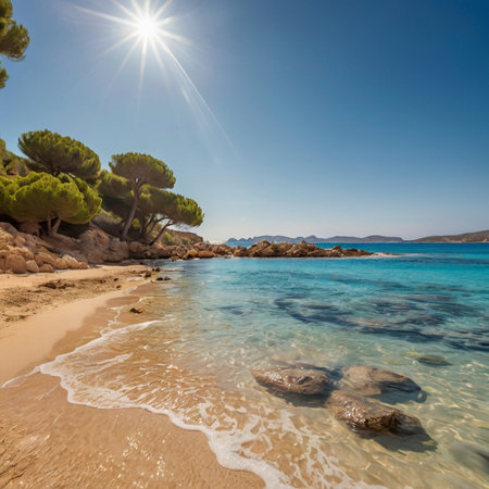 Beautiful beach with turquoise water and pine trees on the island of Rhodes, Greece