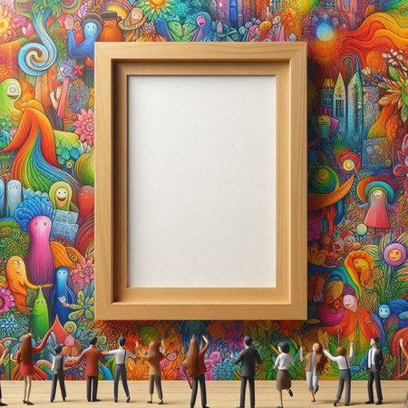 Mockup of a vertical frame with a diverse group of people standing in front of a colorful background