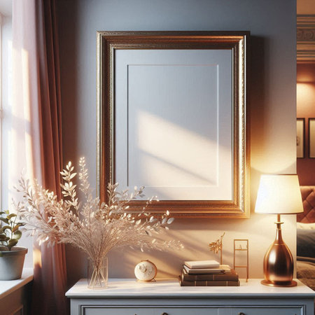 Blank picture frame on the chest of drawers. 3d rendering