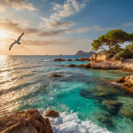 Beautiful seascape with seagulls at sunset in Calanques, France