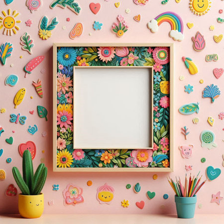 Wooden frame mockup with multicolored flowers and hearts on pink background