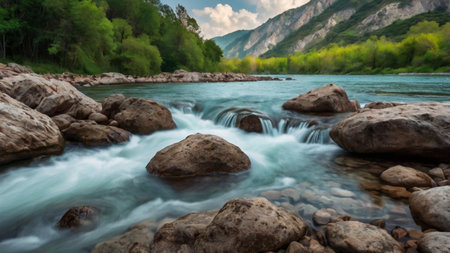 Mountain river landscape with rocks and clear water. Mountain river landscape
