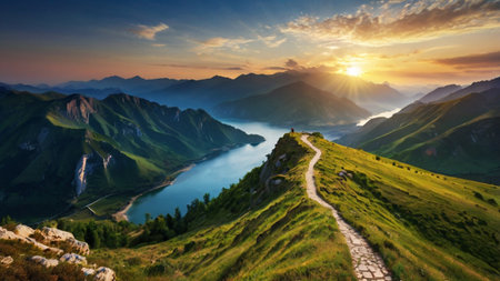 Panoramic view of the lake in the mountains at sunset.