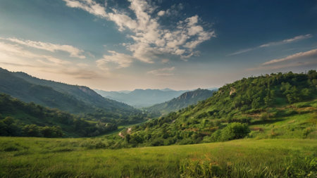 Mountain landscape at sunset. Panoramic view of the green meadow and mountains.