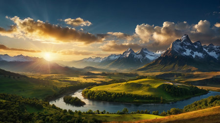 Beautiful summer landscape with lake and mountains in the backgroundの写真素材