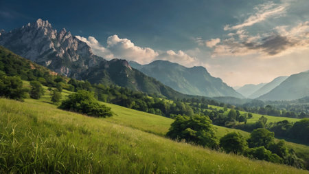 Beautiful summer landscape with green meadows and mountains in the background