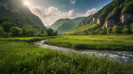 Mountain river and green meadow. Panoramic view.