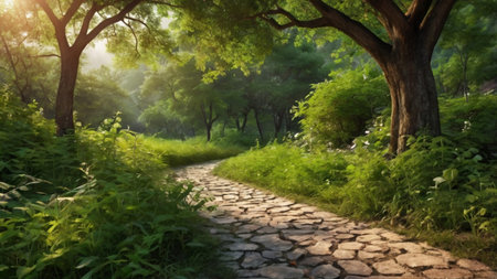 Beautiful summer landscape with green trees and path in the park.