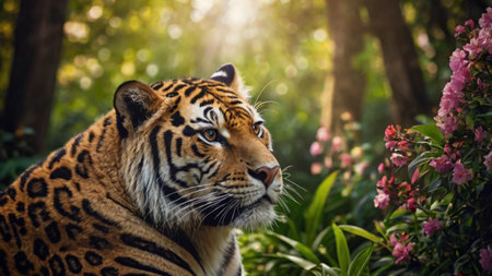 Close-up of tiger in the jungle. Birches and flowers.