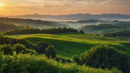 Beautiful landscape with green hills and mountains in the background at sunrise
