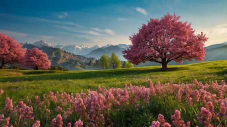 Beautiful spring landscape with blooming tree and mountains in the background