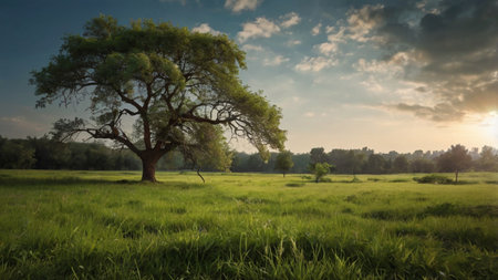 Big tree in the meadow at sunset. Nature landscape background.