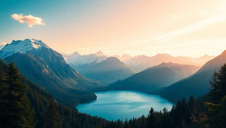 Mountain landscape with lake and forest at sunset. Panoramic view