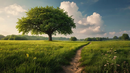 Green meadow with tree and blue sky with clouds. Panoramic image.