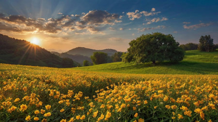 Sunflower field at sunset in the mountains. Landscape with sunflowers