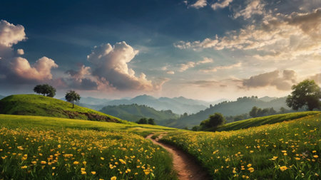 Beautiful landscape of green hill with yellow dandelions and blue sky